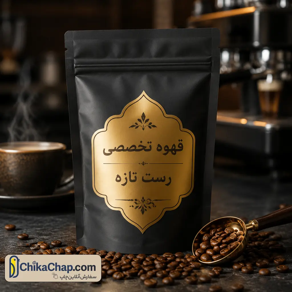 چاپ استیکر طلایی با برش اختصاصی برای بسته بندی قهوه تخصصی